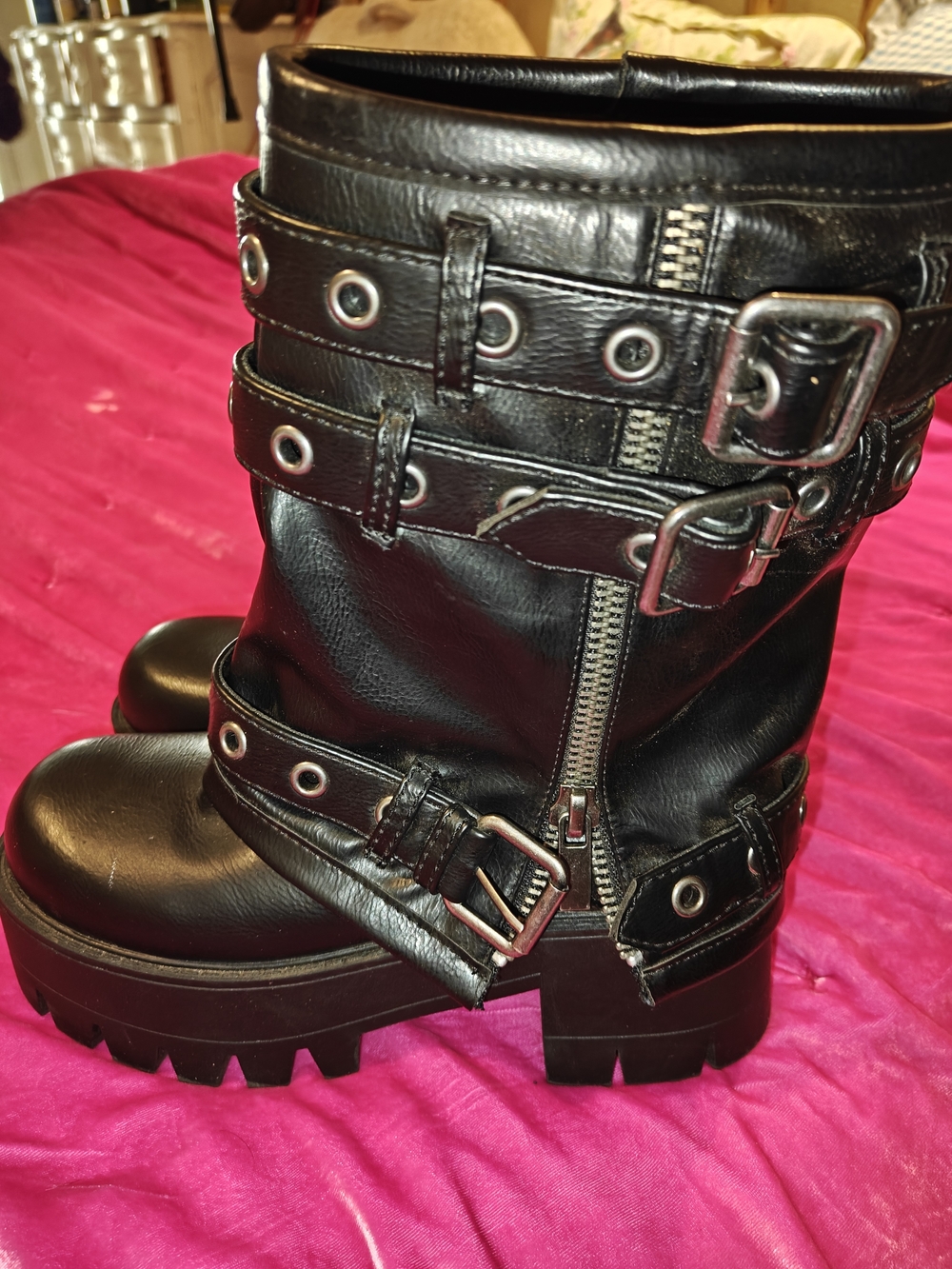 Dolls Kill Black Faux Leather Platform Buckles Straps Fold Over Moto Boots 9